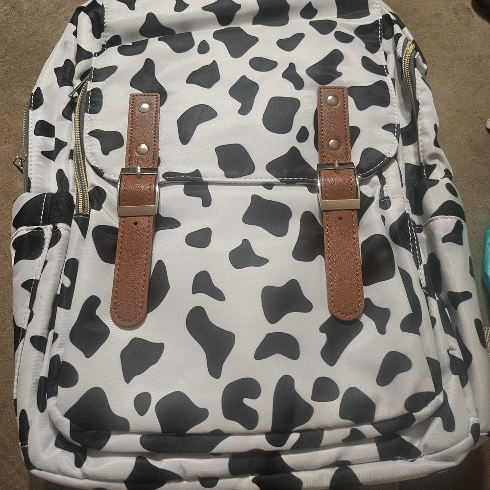 Cow Print Laptop Backpack with Brown Accents